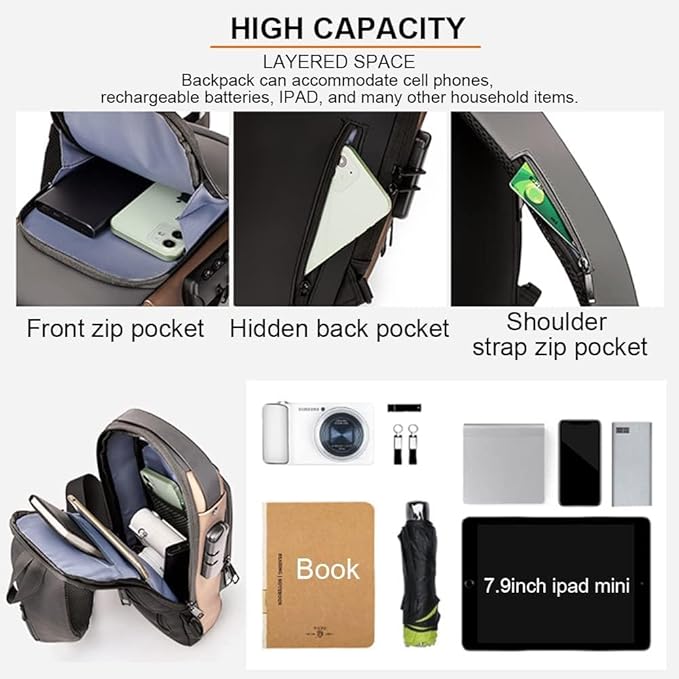 Anti‑Theft USB‑Charging Crossbody Sling Backpack for Men & Women – Adjustable Travel Shoulder Bag